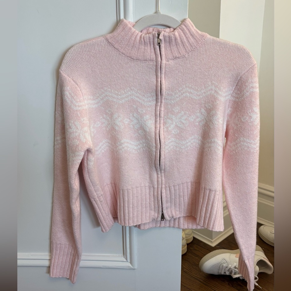 Light Pink Zip-Front Fair Isle Turtleneck Sweater